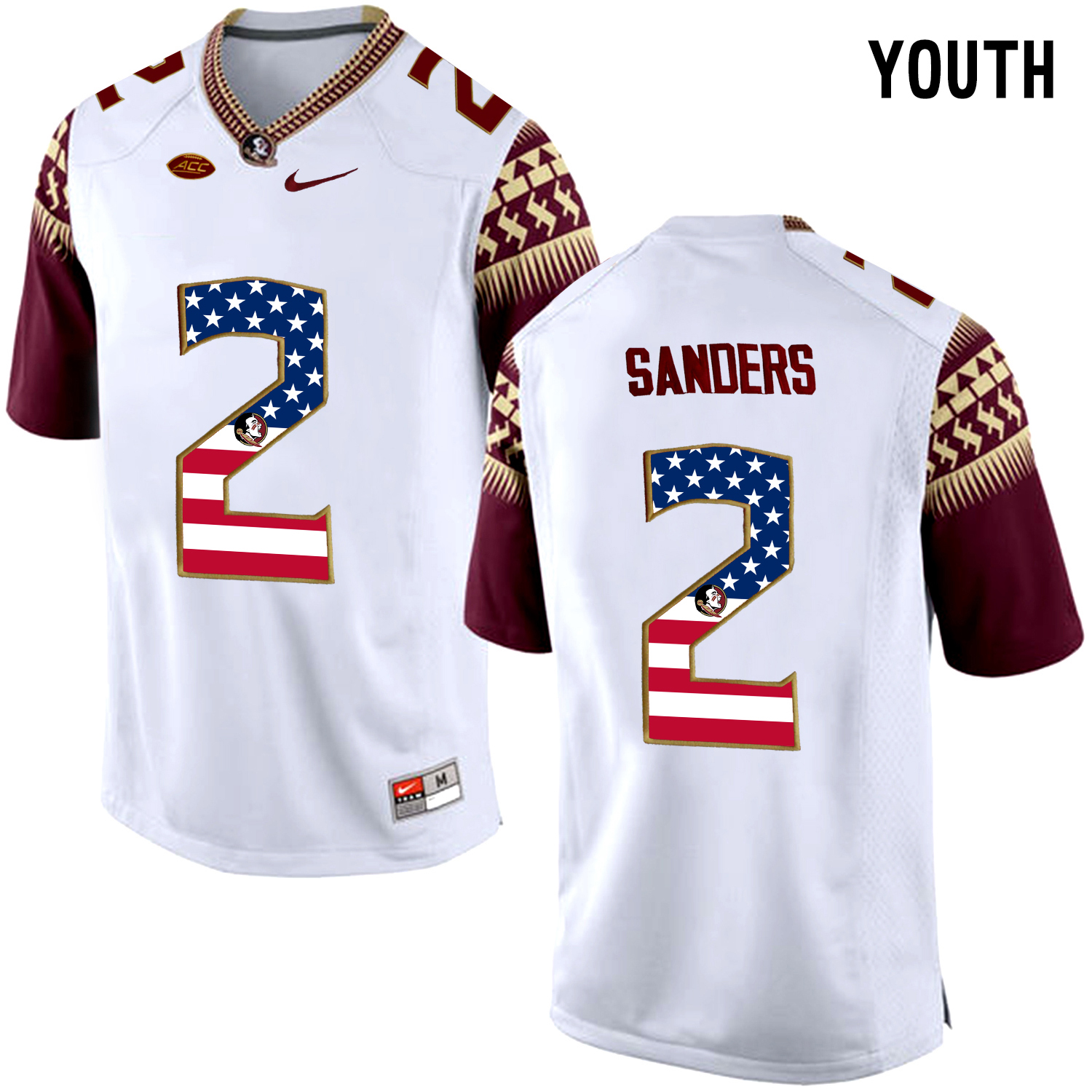 US Flag Fashion Youth Florida State Seminoles Deion Sanders #2 College Football Limited Jersey  White->youth ncaa jersey->Youth Jersey